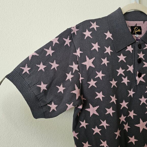 NWT NEEDLES Men's Grey Pink Stars Japan Relax Fit Knit Button Polo Sweater Sz XS - Picture 9 of 16